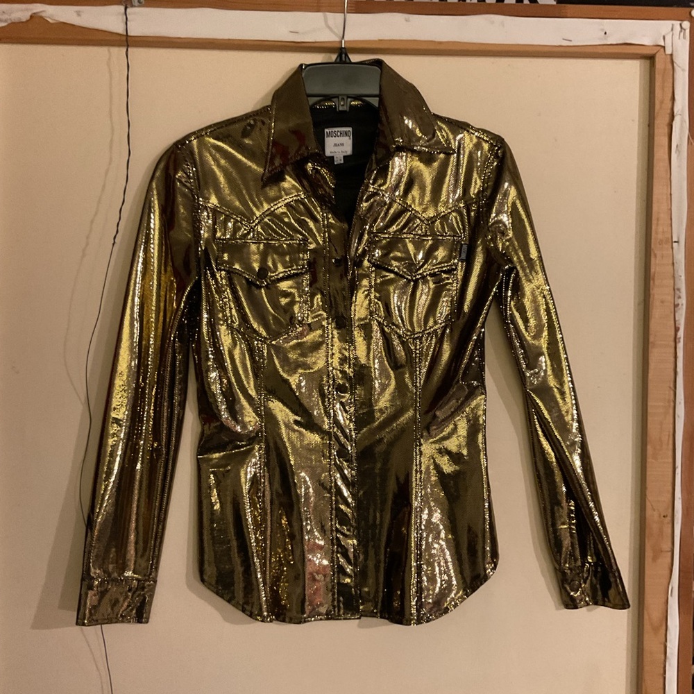 Moschino Jeans Vintage Gold Metallic Button Down Snap Blouse Shirt Top Y2K sz 42 - Picture 9 of 10